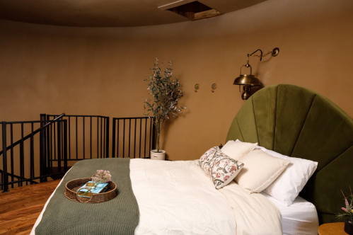 Cozy bedroom featuring a green upholstered headboard, white bedding, and a decorative plant by the bed.